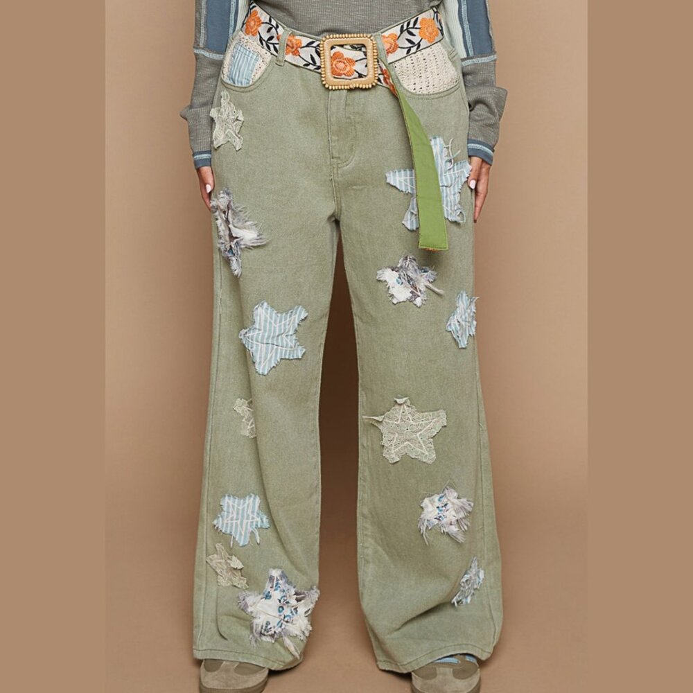 New POL Star Patchwork Jeans Olive Green Straight Leg